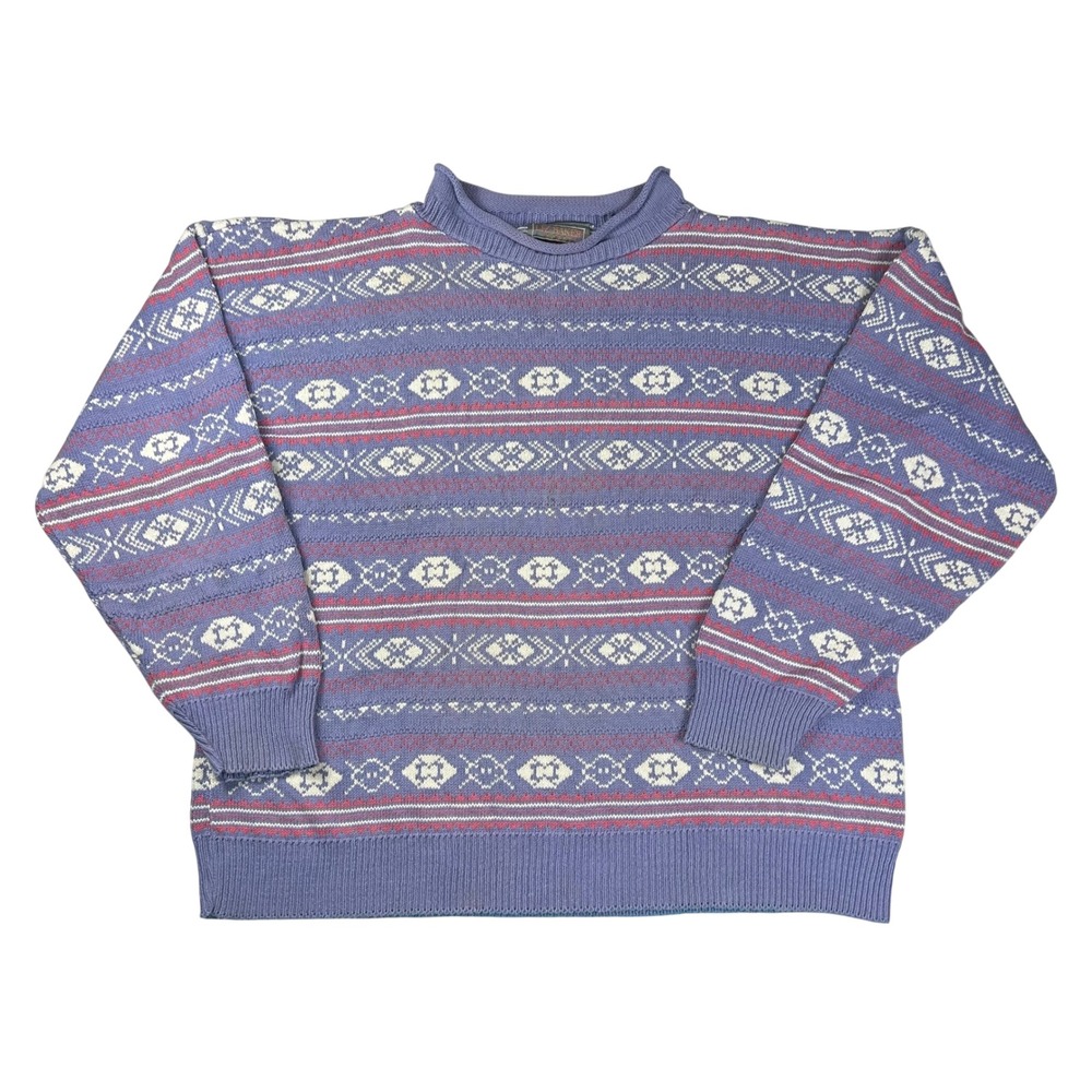 Liz Baker Sport Vintage Fair Isle Knit Sweater Purple Pink Cotton USA Made L
